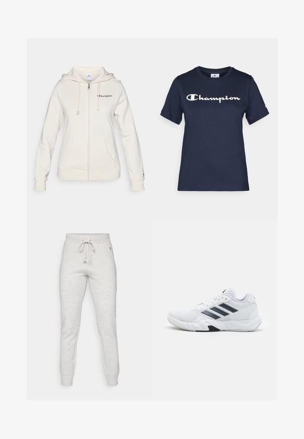 Balta užtrauktuku užsisegama džemperis, pagamintas iš minkštos medžiagos, turi suveržiamą kapšelį, priekines kišenes ir mažą logotipą kairėje krūtinės pusėje.; Tamsiai mėlynas medvilninis marškinėlis trumpomis rankovėmis, su baltu "Champion" logotipu krūtinėje ir mažu logotipu ant rankovės.; Pilkos sportinės kelnės, pagamintos iš minkštos medvilnės mišinio, su elastinga juosmens juosta ir raišteliu bei įsiūtomis rankovėmis. Minimalus logotipas šone.; Baltas sportinis batelis su tinklelio viršumi, trimis juodomis juostelėmis šone, tekstūruotais akcentais ir tvirtu guminio pado su kontrastinga juoda dalimi.