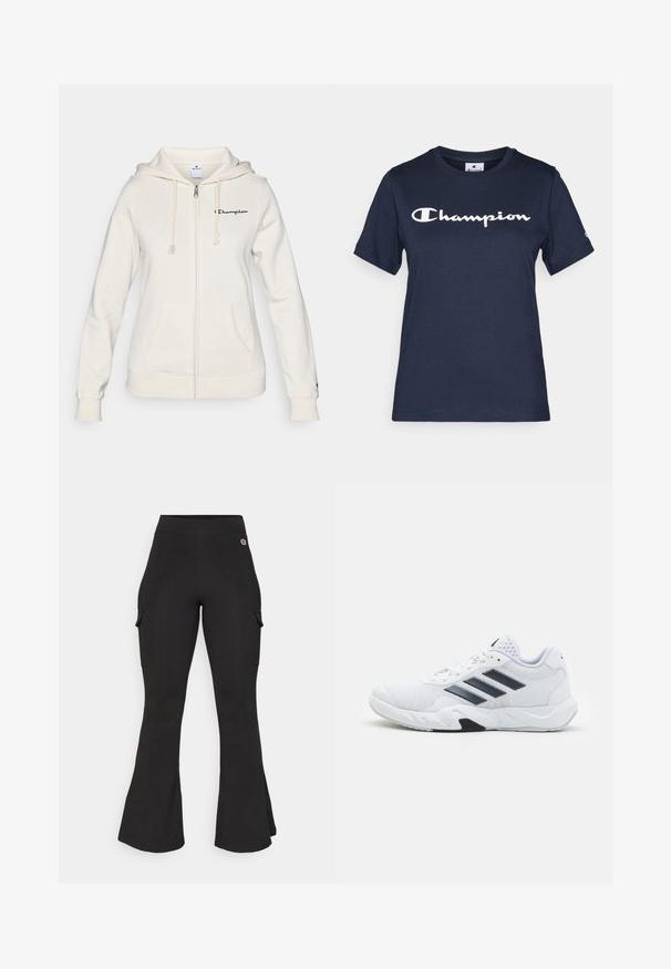 Vit zip-up hoodie i mjuk tyg, med dragkedja, snörning i huva, framfickor och en liten logotyp på vänster bröst.; Mörkblå bomulls-t-shirt med korta ärmar, med en vit "Champion"-logga på bröstet och en liten logga på ärmen.; Svarta utsvängda cargobyxor tillverkade av stretchy tyg. Har sidofickor och hög midja. Slät textur med minimal detaljering.; Vit sportskor med mesh-överdel, tre svarta ränder på sidan, texturerade detaljer och en stadig gummisula med en kontrasterande svart del.