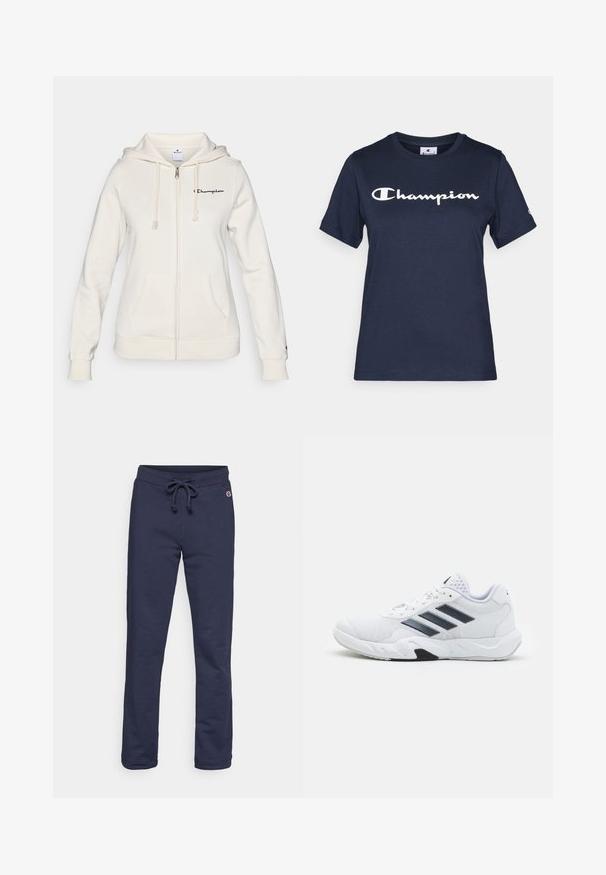 White zip-up hoodie made of soft fabric, featuring a drawstring hood, front pockets, and a small logo on the left chest.; Navy blue cotton t-shirt with short sleeves, featuring a white "Champion" logo across the chest and a small logo on the sleeve.; Navy blue sweatpants made of soft cotton blend fabric, featuring a drawstring waist and closed hem, with a small logo accent.; White athletic shoe with mesh upper, three black stripes on the side, textured accents, and a sturdy rubber sole with a contrasting black section.