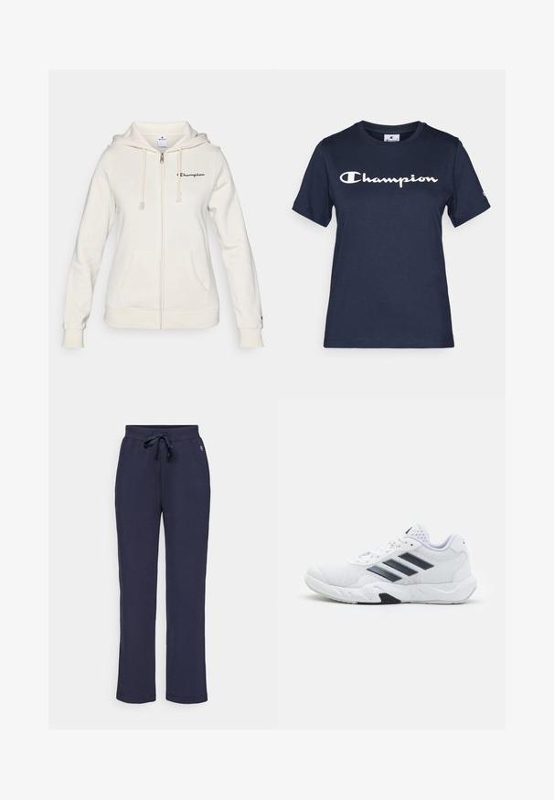 White zip-up hoodie made of soft fabric, featuring a drawstring hood, front pockets, and a small logo on the left chest.; Navy blue cotton t-shirt with short sleeves, featuring a white "Champion" logo across the chest and a small logo on the sleeve.; Navy blue sweatpants with a drawstring waist, made from soft material, featuring a straight leg design and subtle logo accent on the side.; White athletic shoe with mesh upper, three black stripes on the side, textured accents, and a sturdy rubber sole with a contrasting black section.
