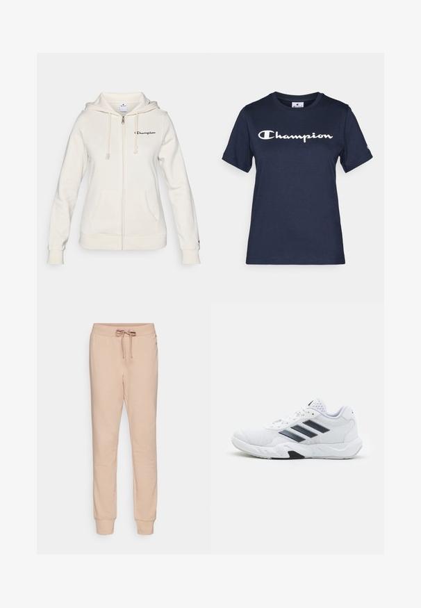 White zip-up hoodie made of soft fabric, featuring a drawstring hood, front pockets, and a small logo on the left chest.; Navy blue cotton t-shirt with short sleeves, featuring a white "Champion" logo across the chest and a small logo on the sleeve.; Beige sweatpants made of soft, stretchy fabric. Features a drawstring waist, snug cuffs, and a smooth texture without patterns or accents.; White athletic shoe with mesh upper, three black stripes on the side, textured accents, and a sturdy rubber sole with a contrasting black section.
