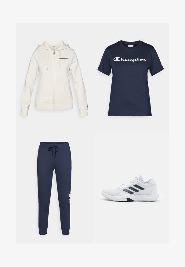 Hvid zip-up hoodie lavet af blødt stof, med en hætte med snoretræk, forreste lommer og et lille logo på venstre bryst.; Marineblå bomulds-t-shirt med korte ærmer, prydet med et hvidt "Champion"-logo på brystet og et lille logo på ærmet.; Mørkeblå sweatpants lavet af blødt materiale, med justerbar talje, smalle ben og en fremtrædende hvid logo detalje på siden.; Hvid atletisk sko med mesh-overdel, tre sorte striber på siden, strukturerede accenter og en robust gummisål med et kontrasterende sort område.
