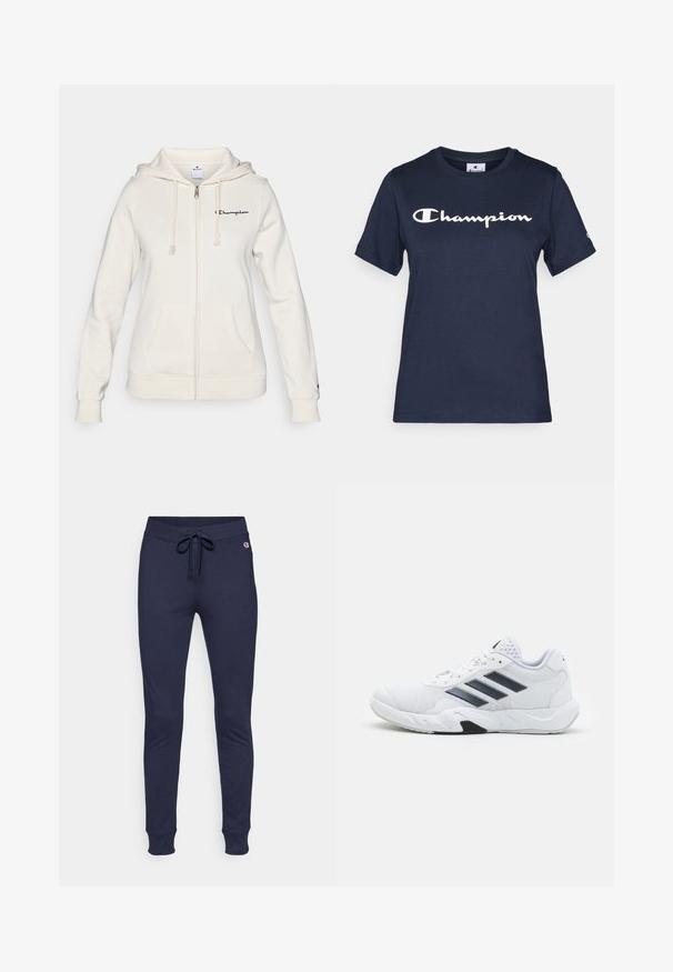 Bela zip-up kapuca iz mehkega materiala, z vrvico za nastavljanje kapuce, sprednjimi žepi in majhnim logotipom na levi strani prsnega koša.; Mornarice modra bombažna majica s kratkimi rokavi, ki ima bel napis "Champion" čez prsa in majhen logotip na rokavu.; Mornarske trenirke z elastičnim pasom, ožjimi hlačnicami in rebrastimi manšeti. Narejene iz mehkega, raztegljivega blaga, z majhnim logotipom na bokih.; Bela atletska čevlja z mrežastim zgornjim delom, tremi črnimi črtami na strani, teksturiranimi dodatki in trdim gumijastim podplatom z kontrastnim črnim delom.