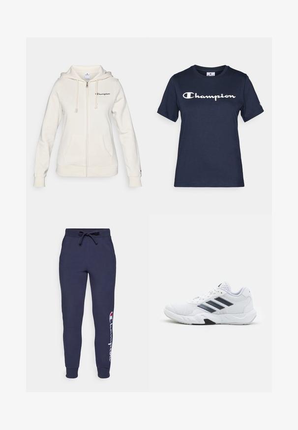 Bijela zip-jakna izrađena od mekanog materijala, s kapuljačom na žicu, prednjim džepovima i malim logotipom na lijevoj strani prsnog koša.; Tamno plava pamučna majica s kratkim rukavima, s bijelim "Champion" logotipom na prsima i malim logotipom na rukavu.; Tamne plave dukserice s konopcem u struku, elastičnim manžetama i bijelim Champion logotipom na lijevoj nozi. Mekani materijal od pamuka.; Bijela atletska cipela s mrežastim gornjim dijelom, tri crne pruge sa strane, strukturirani detalji i čvrst gumeni potplat s kontrastnim crnim dijelom.