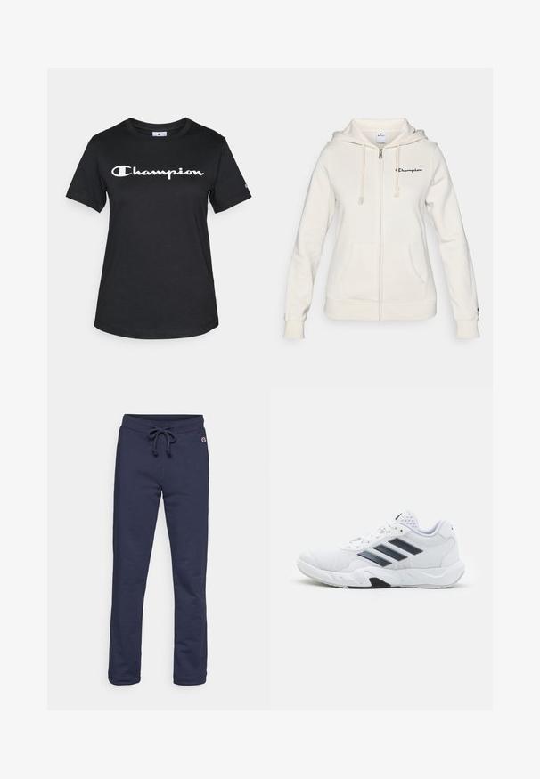 Hvit zip-up hettegenser laget av myk stoff, med snorhette, frontlommer, og en liten logo på venstre bryst.; Svart bomulls T-skjorte med korte ermer, rund hals og stor hvit "Champion" logo trykket over fronten.; Marineblå joggebukser laget av myk bomullsblanding, med snøring i midjen og lukket hem, og et lite logodesign.; Hvit sportsko med mesh-overdel, tre svarte striper på siden, teksturerte detaljer og en solid gummisåle med en kontrasterende svart seksjon.