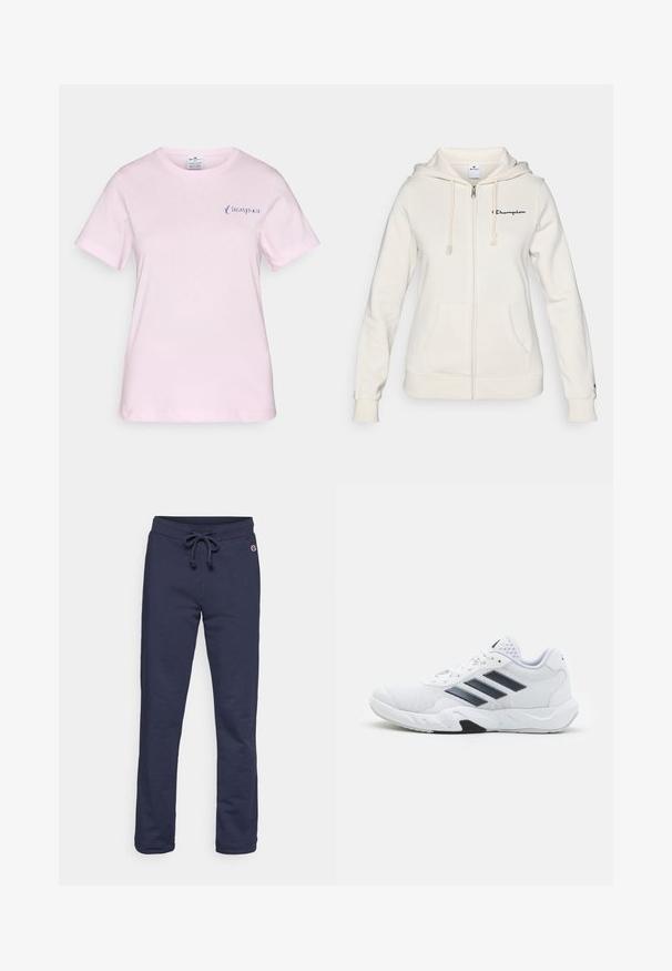 Valge tõmbluku kapuutsiga jope, mis on valmistatud pehmest kangast, millel on nööriga kapuuts, ees taskud ja väike logo vasakul rinnal.; Roosa puuvillane t-särk lühikeste varrukatega, millel on vasakul rinnal tagasihoidlik sinine "Champion" logo ja ümmargune kaelus.; Tumedate sinised dressipüksid, mis on valmistatud pehmest puuvilla segukangast, kuid seal on stringiga vöökoht ja suletud ääred ning väike logo aktsent.; Valge spordijalats, millel on võrkpealne, kolm musta triipu küljepeal, tekstuuriga aktsendid ning tugev kummist tallaosa, millel on kontrastne must osa.