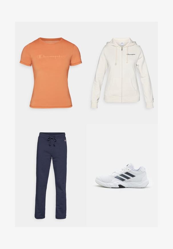 Moletom branco com fecho éclair, feito de tecido macio, apresentando capuz ajustável com cordão, bolsos frontais e um pequeno logótipo no lado esquerdo do peito.; T-shirt laranja de mangas curtas, feito de um tecido suave, com um logotipo "Champion" discretamente embossado na parte da frente e um design de gola redonda.; Calças de treino azul-marinho feitas de um suave tecido em mistura de algodão, com cintura elástica ajustável e bainha fechada, apresentando um pequeno logótipo como detalhe.; Tênis atlético branco com parte superior em malha, três listras pretas de cada lado, detalhes texturizados e uma sola de borracha resistente com uma seção preta contrastante.