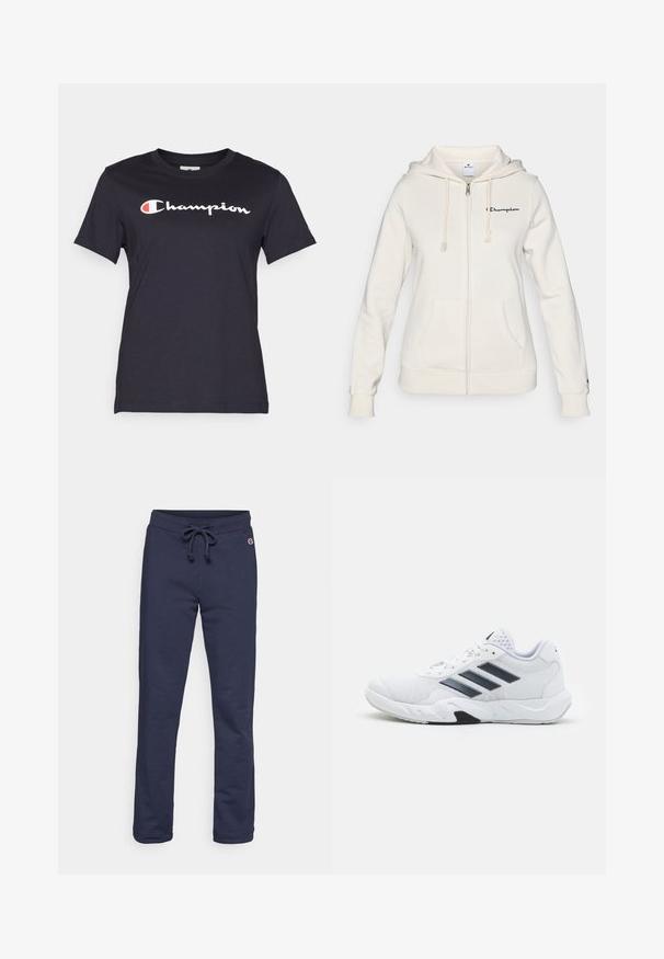 Λευκή ζακέτα με φερμουάρ φτιαγμένη από απαλή ύφανση, διαθέτει κουκούλα με κορδόνι, μπροστινές τσέπες και ένα μικρό λογότυπο στο αριστερό στήθος.; Μαύρη κοντομάνικη μπλούζα από βαμβάκι, με μεγάλο λευκό λογότυπο "Champion" στο στήθος και κόκκινες λεπτομέρειες.; Σκούρα μπλε φόρμες από μαλακό ύφασμα βαμβακερού μείγματος, με μέση που ρυθμίζεται με κορδόνι και κλειστό στρίφωμα, διαθέτοντας μια μικρή λογότυπη λεπτομέρεια.; Λευκό αθλητικό παπούτσι με πλέγμα στην άνω επιφάνεια, τρεις μαύρες ρίγες στο πλάι, υφές με αντίθεση, και ανθεκτική καουτσούκ σόλα με μια αντιπαραβαλλόμενη μαύρη περιοχή.