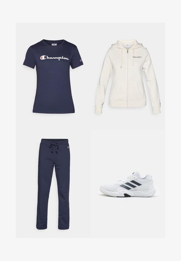 Hvid zip-up hoodie lavet af blødt stof, med en hætte med snoretræk, forreste lommer og et lille logo på venstre bryst.; Mørkeblå bomulds t-shirt med korte ærmer, der har et hvidt "Champion" logo. Normal pasform med rund hals og blød tekstur.; Mørkeblå sweatpants lavet af blød bomuldsblanding, med snøre i taljen og lukket kant, prydet med en lille logoaccent.; Hvid atletisk sko med mesh-overdel, tre sorte striber på siden, strukturerede accenter og en robust gummisål med et kontrasterende sort område.