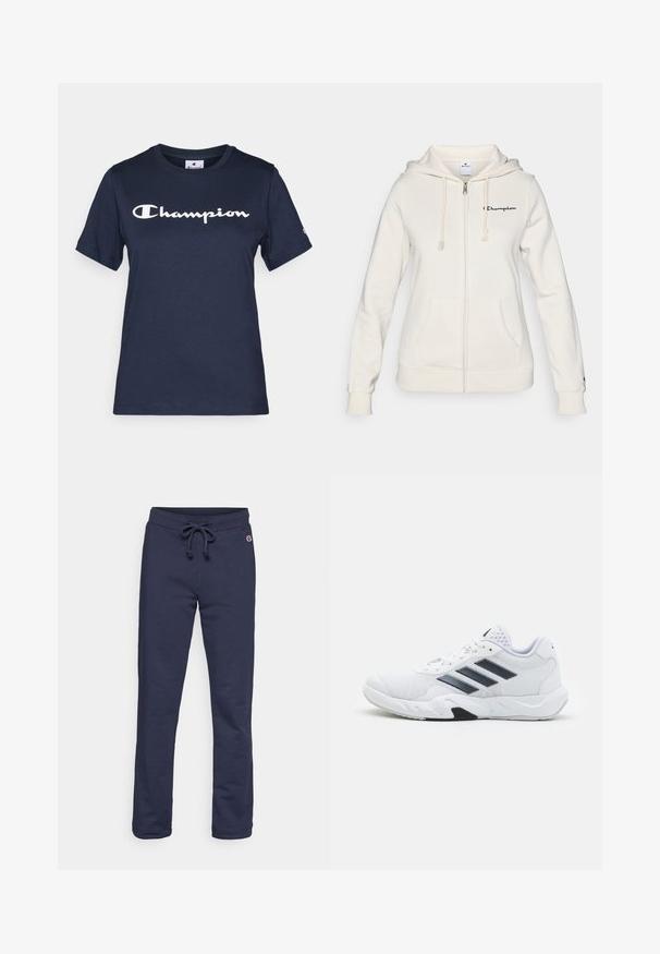 Weiße Zip-Hoodie aus weichem Stoff, mit Kapuze mit Kordelzug, Vordertaschen und kleinem Logo auf der linken Brust.; Marineblaues Baumwoll-T-Shirt mit kurzen Ärmeln, das ein weißes "Champion"-Logo über der Brust und ein kleines Logo auf dem Ärmel zeigt.; Navyblaue Sweatpants aus weichem Baumwollmischgewebe, mit einem Kordelzugbund und geschlossenen Säumen, versehen mit einem kleinen Logoakzent.; Weißer Sportschuh mit Mesh-Obermaterial, drei schwarzen Streifen an der Seite, strukturierten Akzenten und einer robusten Gummisohle mit einem kontrastierenden schwarzen Bereich.