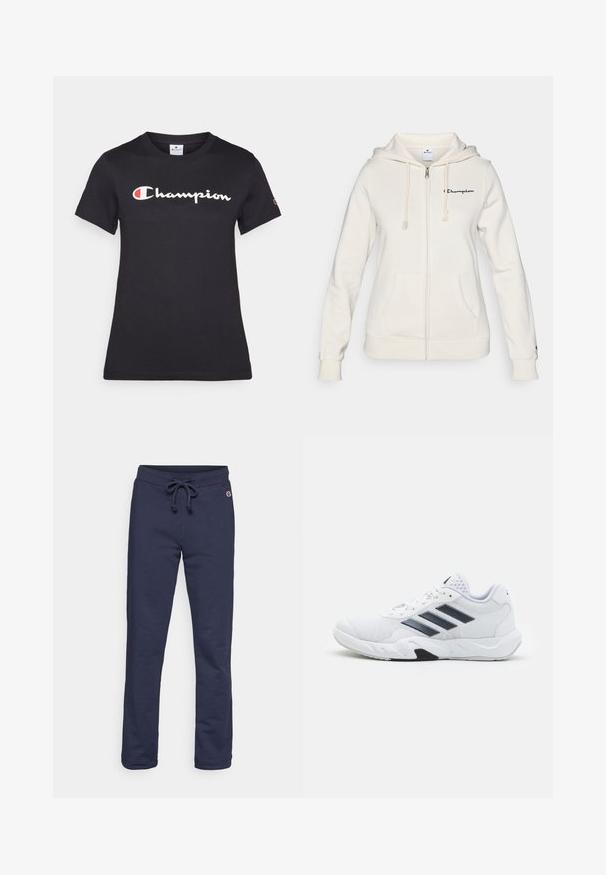 Moletom branco com fecho éclair, feito de tecido macio, apresentando capuz ajustável com cordão, bolsos frontais e um pequeno logótipo no lado esquerdo do peito.; T-shirt preta de algodão com mangas curtas, decote redondo e um grande logótipo branco "Champion" com um destaque vermelho no lado esquerdo do peito.; Calças de treino azul-marinho feitas de um suave tecido em mistura de algodão, com cintura elástica ajustável e bainha fechada, apresentando um pequeno logótipo como detalhe.; Tênis atlético branco com parte superior em malha, três listras pretas de cada lado, detalhes texturizados e uma sola de borracha resistente com uma seção preta contrastante.