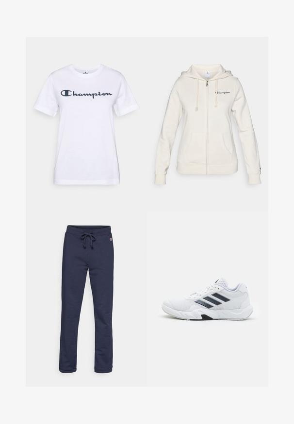 Valge tõmbluku kapuutsiga jope, mis on valmistatud pehmest kangast, millel on nööriga kapuuts, ees taskud ja väike logo vasakul rinnal.; Valge puuvillane T-särk lühikeste varrukatega ja ümmarguse kaelusega, millel on rinna peal tume meresinine "Champion" logo. Pehme tekstuur, lihtne disain.; Tumedate sinised dressipüksid, mis on valmistatud pehmest puuvilla segukangast, kuid seal on stringiga vöökoht ja suletud ääred ning väike logo aktsent.; Valge spordijalats, millel on võrkpealne, kolm musta triipu küljepeal, tekstuuriga aktsendid ning tugev kummist tallaosa, millel on kontrastne must osa.
