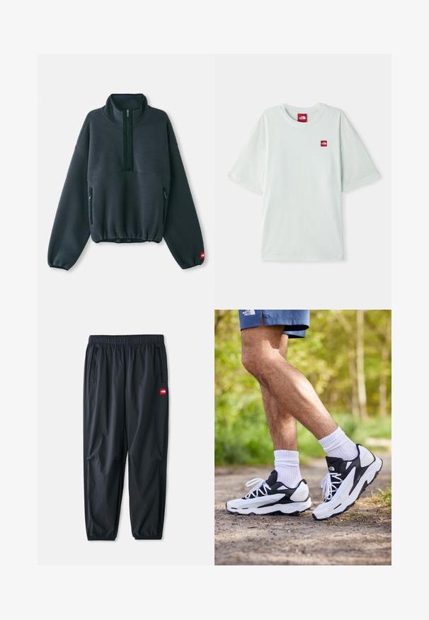 Mørkegrå fleecepullover med høy krage, halv glidelås foran, elastisk hem og glidelåslommer på siden. Har en strukturert overflate.; Lys grønn kortermet t-skjorte laget av myk bomull, med et lite rødt logomerke på venstre brystområde. Avslappet passform og rund hals.; Sorte lette bukser laget av syntetisk materiale, med elastisk linning, glidelåslommer på siden, og en liten rød logo-patch.; Svart-hvite joggesko med mesh-overdel, teksturerte detaljer og hvite snøringer. Brukes med hvite ankelstrømper og marineblå shorts på en sti.