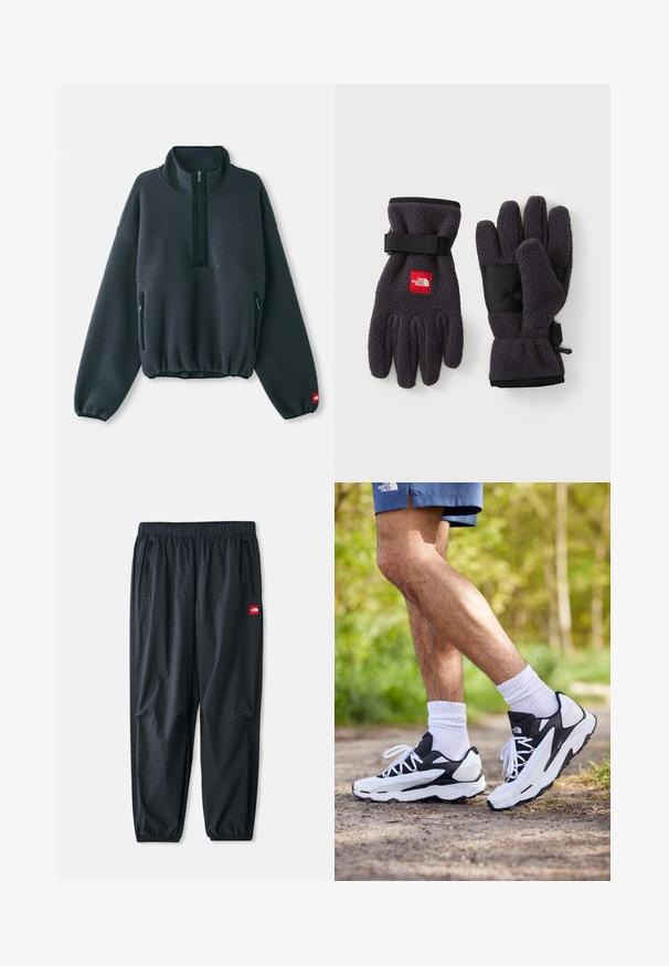 Sötét szürke bolyhos pulóver magas gallérral, félig cipzáros elejével, gumírozott aljával és cipzáras oldalzsebeivel. Texturált felülettel rendelkezik.; Világoszöld, rövid ujjú póló, puha pamutból készült, bal mellkasán egy kis piros logó címkével. Laza szabású és kerek nyakkivágású.; Fekete, könnyű szintetikus anyagból készült nadrág, elasztikus derékkal, cipzáras oldalsó zsebekkel és egy kis piros logóval.; Fekete-fehér sportcipők, hálós felső résszel, texturált részletekkel és fehér fűzőkkel. Fehér bokazoknival és tengerészkék sorttal viselve egy ösvényen.; Sötét szürke polár kesztyű, textúrázott felülettel. Állítható pántokkal és fekete erősített tenyérrel rendelkezik. A márka logója piros színben látható.
