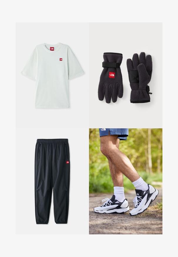 Sötét szürke bolyhos pulóver magas gallérral, félig cipzáros elejével, gumírozott aljával és cipzáras oldalzsebeivel. Texturált felülettel rendelkezik.; Világoszöld, rövid ujjú póló, puha pamutból készült, bal mellkasán egy kis piros logó címkével. Laza szabású és kerek nyakkivágású.; Fekete, könnyű szintetikus anyagból készült nadrág, elasztikus derékkal, cipzáras oldalsó zsebekkel és egy kis piros logóval.; Fekete-fehér sportcipők, hálós felső résszel, texturált részletekkel és fehér fűzőkkel. Fehér bokazoknival és tengerészkék sorttal viselve egy ösvényen.; Sötét szürke polár kesztyű, textúrázott felülettel. Állítható pántokkal és fekete erősített tenyérrel rendelkezik. A márka logója piros színben látható.