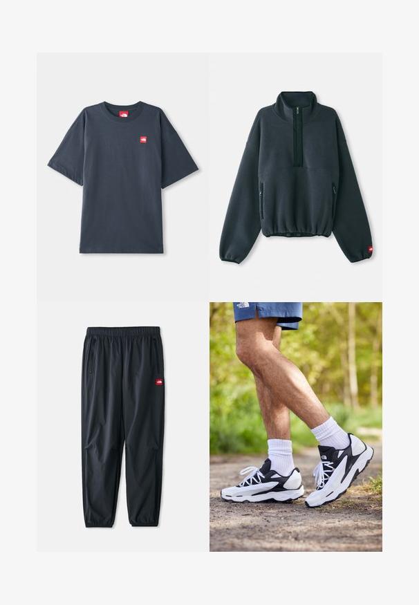 Tummanharmaa fleece-huppari korkealla kauluksella, puolivälin vetoketjulla, joustavalla helmalla ja vetoketjullisilla sivutaskuilla. Sisältää tekstuuripinnan.; T-paita tummansinisestä puuvillasta, lyhythihainen, jossa on punainen logopatch vasemmassa rinnassa ja klassinen pyöreä kaula-aukko.; Mustat kevyet housut, jotka on valmistettu synteettisestä materiaalista, joustavalla vyötärönauhalla, vetoketjullisilla sivutaskuilla ja pienellä punaisella logopatchilla.; Mustat ja valkoiset urheilukengät, joissa on verkkopinta, tekstuuriset yksityiskohdat ja valkoiset nauhat. Yhdistetty valkoisiin nilkkasukkiin ja laivaston sinisiin shortsireihin polulla.