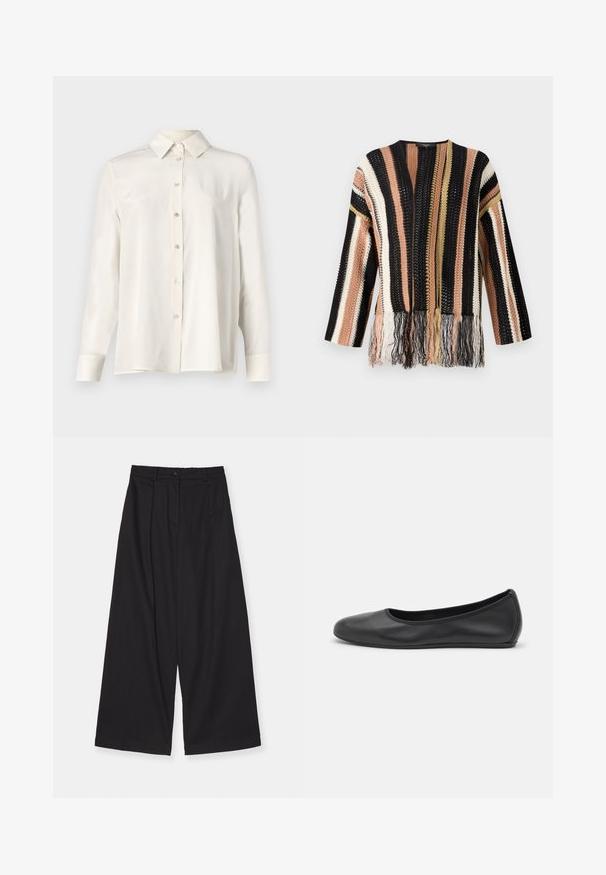Knit pullover with multicolored stripes in black, peach, cream, and gold. Features fringe detailing at the hem and a round neckline.; White button-up shirt in lightweight fabric, featuring a classic collar, long sleeves, and a straight cut with a smooth texture.; Black wide-leg trousers made of a smooth fabric, featuring a high waist, front pleats, a button closure, and a straight silhouette.; Black leather ballet flat with a rounded toe, smooth texture, minimal stitching detail, and a flexible sole design.