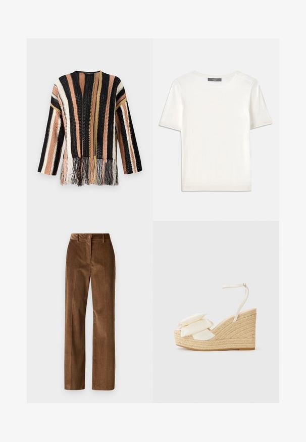Kötött pulóver, melynek színei fekete, barack, krém és arany, multiszínű csíkokkal. A hemhez frufru részletek tartoznak, valamint kerek nyakkivágása van.; Fehér, rövid ujjú kötött felső, kerek nyakkivágással, sima textúrával és diszkrét bordázott részletekkel az ujjain és az alján.; WEEKEND MaxMara TANIA - Nadrágok - nocciola; Sarok-emelő szandál természetes juta talppal, krém színű textil felsőrész és két rétegű virágdíszítéssel; vékony bokapánttal és csattal rendelkezik.