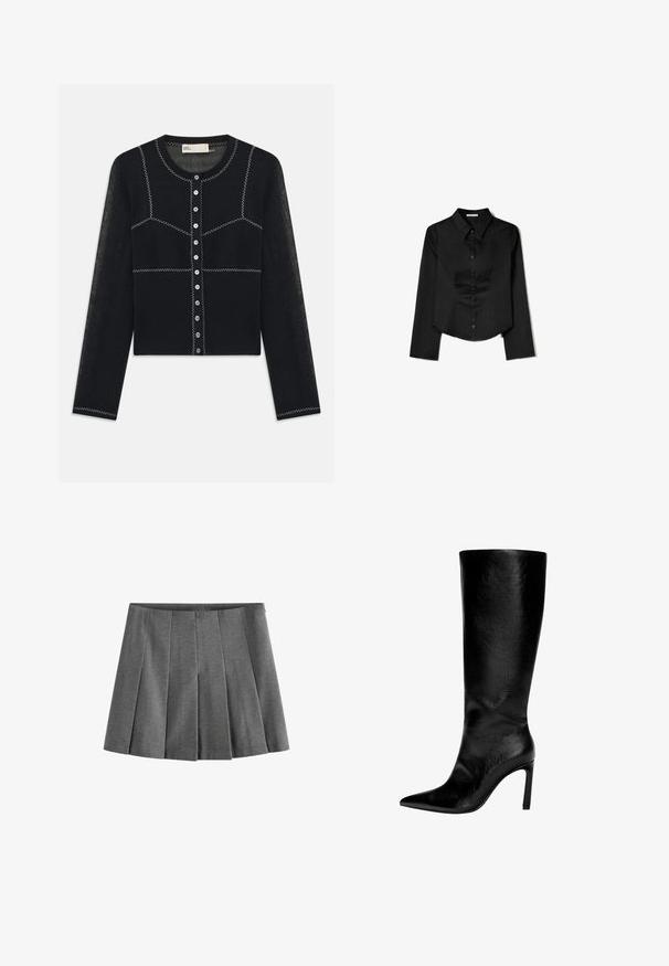 Cardigan en maille noire avec un col rond, des manches longues et une surpiqûre blanche contrastante. Dispose d'une fermeture à boutons et d'une texture côtelée.; Chemise noire à manches longues en tissu lisse, avec un col pointu, une fermeture à boutons à l'avant et un ourlet court avec des fentes latérales.; Jupe plissée grise en tissu doux, dotée d'une ceinture et présentant des plis uniformes pour une apparence structurée.; Botte en cuir noir montée jusqu'au genou, avec un bout pointu, un talon aiguille haut, une finition lisse et un design simple et épuré sans ornements.