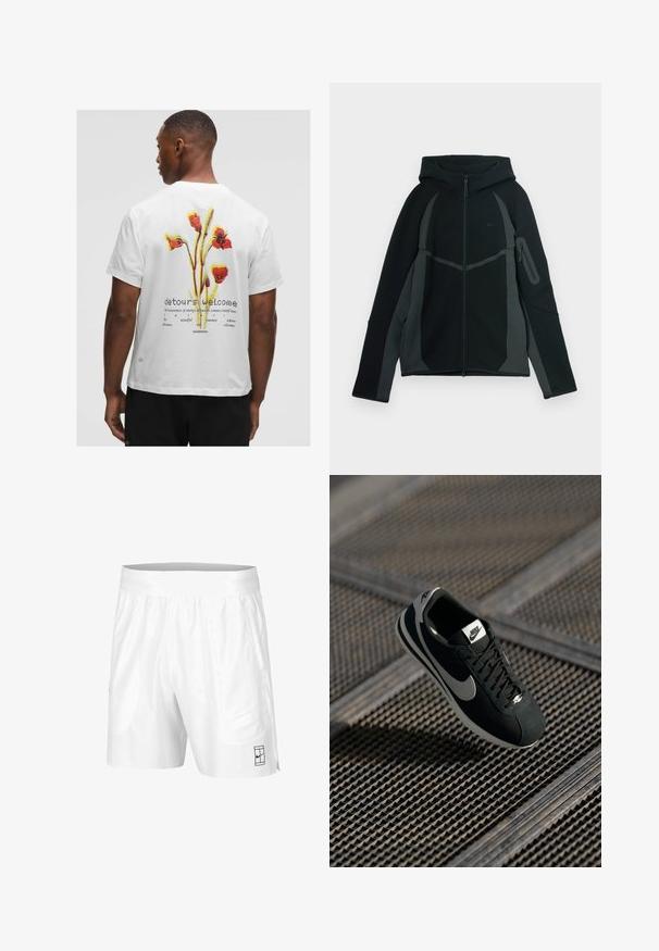 Fekete és sötétszürke kapucnis pulóver, elől cipzárral, nagy kapucnival és oldalsó cipzáras zsebből. Strukturált kialakítással és kontrasztos panelozással rendelkezik.; Fehér pamut póló, piros, sárga és zöld virágos grafikával a hátsó részen, "ügyes kerülőutak" felirattal és márka logóval.; Fehér sportnadrág rugalmas derékkal, két oldalsó zsebbel és egy kis fekete logó részlettel az alsó elején. Sima textúra.; Fekete Nike sneaker szürke részletekkel, velúr és hálós anyagokból, textúrázott talppal, keskeny formával és klasszikus fűzős kialakítással.
