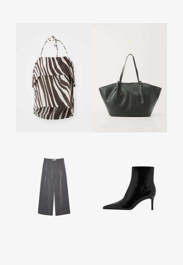 Mustassa ribattussa neulecardiganissa on pitkät hihat, keinoturkiskuosisu ja kuusi nappisuljenta edessä. Pehmeä tekstuuri.; Ruskea ja vaalea olkaimeton yläosa, jossa on seeprahaita kuvio, valmistettu kevyestä kankaasta. Tässä yläosassa on säädettävät nauhat ja levenevä helma.; Valkoinen ribattava toppi, jossa on leveät olkaimet ja tiukka muotoilu, yhdistettynä korkeavyötäröisiin mustiin housuihin ja mustaan vyöhön.; Pleated leveleijoushousut tummanharmaasta kankaasta, jossa on hieno rakenne. Ominaisuuksina napin suljenta ja klassinen vyötärönauhan muotoilu.; Musta nilkkuri, jossa on terävä kärki, valmistettu kiiltävästä nahasta. Varustettu korkean stiletto-kannan ja sileän pinnan kanssa. Ei näkyviä koristeita.; Vero Moda VMDITTA - Shopping bag - black