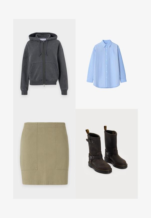 Kolen grijs rits hoodie, gemaakt van zachte stof met een trekkoordkap, voorzakken en ribgebreide manchetten en onderkant. Minimalistisch ontwerp.; Lichtblauwe overhemden met witte verticale strepen, lange mouwen, een kraag en een ronde zoom. Gemaakt van een gladde stof met een frisse textuur.; Bruine en witte gestreepte t-shirt met korte mouwen, een ronde halslijn en een klein logo op de borst. Gemaakt van zachte katoen.; Olijfgroene rok tot de knie, gemaakt van een katoenmix, met zijzakken en nette stiksels. Gezellige textuur, getailleerde silhouette.; Donkerbruin leren laarzen met een ontwerp tot halverwege de kuit, gele stiksels, verstelbare gespbanden en trekflappen aan de bovenkant. Gestructureerde afwerking.