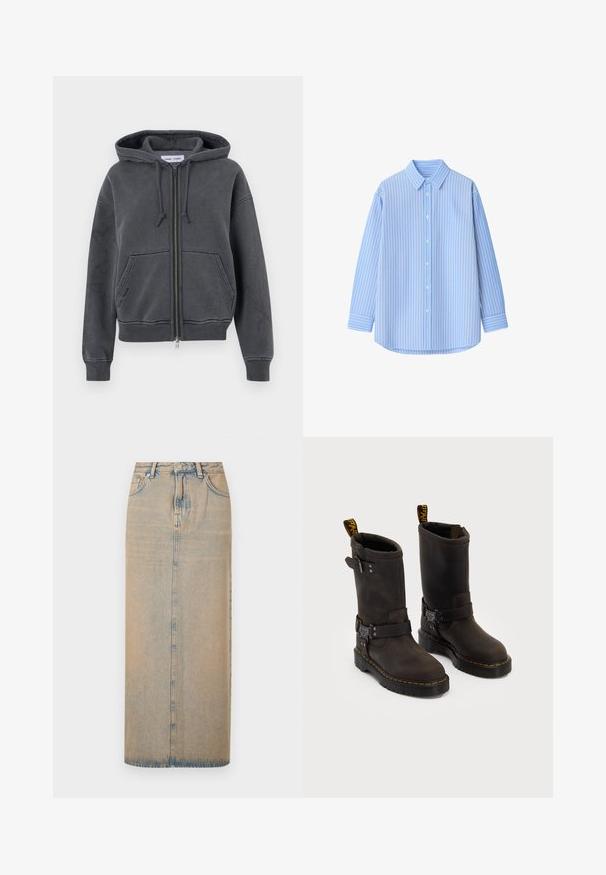 Charcoal gray zip-up hoodie, made of soft fabric with a drawstring hood, front pockets, and ribbed cuffs and hem. Minimalist design.; Light blue button-up shirt with white vertical stripes, long sleeves, a collar, and a rounded hem. Made of smooth fabric with a crisp texture.; Brown and white striped short-sleeve t-shirt with a round neckline and a small logo on the chest. Made from soft cotton material.; A long denim skirt in light blue with a straight cut. Features five pockets, belt loops, and front button closure. Faded texture throughout.; Dark brown leather boots with a mid-calf design, yellow stitching, adjustable buckle straps, and pull tabs on the top. Textured finish.