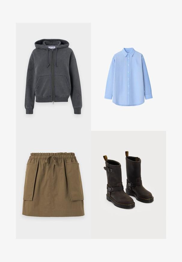 Sudadera de cremallera color gris carbón, hecha de una tela suave con capucha ajustable, bolsillos delanteros y puños y dobladillo acanalados. Diseño minimalista.; Camisa de botón azul claro con rayas verticales blancas, de manga larga, con collar y un dobladillo redondeado. Hecha de una tela suave con una textura nítida.; Camiseta de manga corta a rayas marrones y blancas, con cuello redondo y un pequeño logo en el pecho. Fabricada en suave algodón.; Falda verde oliva, hasta la rodilla, con cinturilla elástica, cordón y dos grandes bolsillos laterales. Hecha de un tejido ligero con costuras visibles.; Botas de cuero marrón oscuro con un diseño a media pantorrilla, costuras amarillas, correas de hebilla ajustables y lengüetas de tirón en la parte superior. Acabado texturizado.