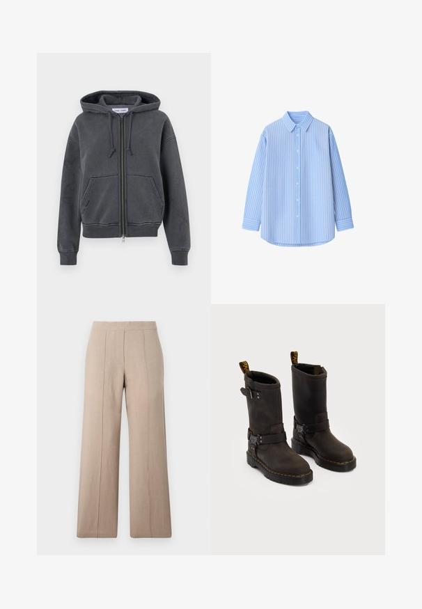 Charcoal šedá mikina so zipsom, vyrobená z mäkkej tkaniny s kapucňou na šnúrky, prednými vreckami a rebrovanými manžetami a spodným okrajom. Minimalistický dizajn.; Svetlomodrá košeľa na gombíky s bielymi vertikálnymi pruhmi, dlhými rukávmi, golierom a zaobleným lemom. Vyrobená z hladkej látky s ostrou textúrou.; Hnedo-biely prúžkovaný tričko s krátkym rukávom a okrúhlym výstrihom, s malým logom na hrudi. Vyrobené z mäkkej bavlnenej látky.; Béžové nohavice s širokými nohavicami vyrobené z ľahkého materiálu, s prednými skladmi, hladkým pásom a rovný strih s čistými lemami.; Tmavohnedé kožené čižmy s dizajnom do polovice lýtok, žltým šitím, nastaviteľnými prackami a pútkami na vrchu. Štruktúrovaný povrch.