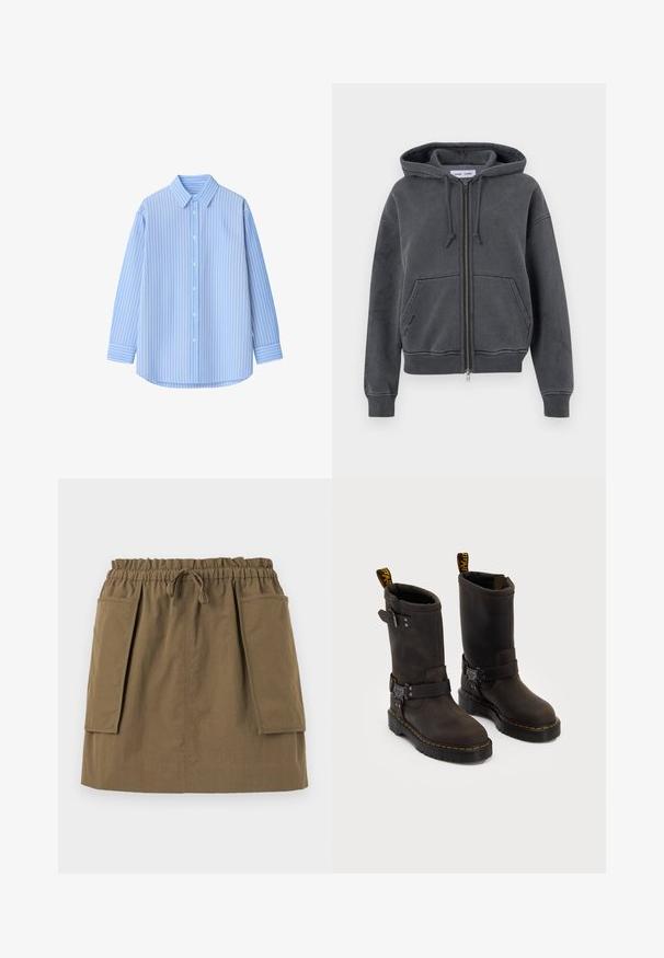 Kaptur z suwakiem w kolorze węglowym, wykonany z miękkiego materiału, z kapturem na sznurki, przednimi kieszeniami oraz ściągaczami przy mankietach i dolnej krawędzi. Minimalistyczny design.; Jasnoniebieska koszula zapinana na guziki z białymi pionowymi paskami, z długimi rękawami, kołnierzykiem i zaokrąglonym dołem. Wykonana z gładkiego materiału o wyrazistej strukturze.; Brązowa i biała pasiasta koszulka z krótkim rękawem, okrągłym dekoltem i małym logo na piersi. Wykonana z miękkiego materiału bawełnianego.; Oliwkowa spódnica do kolan z elastycznym pasem, sznurkiem i dwiema dużymi kieszeniami po bokach. Wykonana z lekkiego materiału z widocznymi szwami.; Ciemnobrązowe skórzane buty z projektu do połowy łydki, żółte szwy, regulowane paski z klamrami oraz pętle do zakupu na górze. Teksturowane wykończenie.