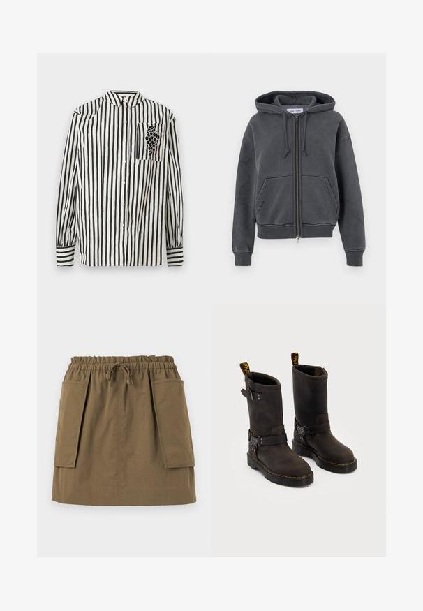 Kapuzenpullover in Anthrazit mit Reißverschluss, aus weichem Stoff gefertigt, mit einer Kordelzug-Haube, Fronttaschen sowie gerippten Bündchen und Saum. Minimalistisches Design.; Schwarz-weiß gestreifte Hemd mit Button-Down-Kragen, langen Ärmeln und einer linken Brusttasche mit einem Traubendesign. Aus Baumwollmaterial.; Braun-weiße gestreifte Kurzarm-T-Shirt mit Rundhalsausschnitt und kleinem Logo auf der Brust. Hergestellt aus weichem Baumwollmaterial.; Olivgrüner, knielanger Rock mit elastischem Bund, Kordelzug und zwei großen Seitentaschen. Hergestellt aus leichtem Stoff mit sichtbaren Nähten.; Dunkelbraune Lederstiefel mit einem Design bis zur Mitte der Wade, gelben Nähten, verstellbaren Schnallenriemen und Zuglaschen oben. Strukturierte Oberfläche.