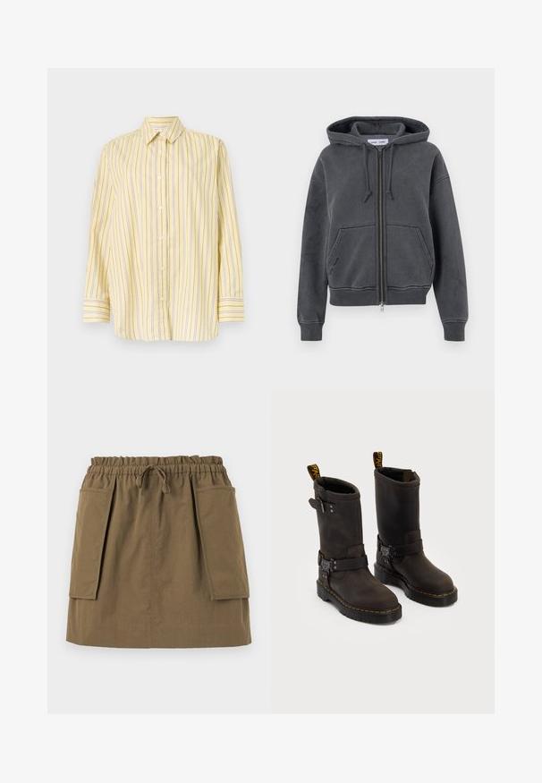 Felpa con zip grigia carbone, realizzata in morbido tessuto con cappuccio regolabile, tasche frontali e polsini e fondo a costine. Design minimalista.; Camicia gialla a maniche lunghe con bottoni, caratterizzata da righe verticali in viola. Tessuto morbido con colletto classico e silhouette a taglio dritto.; T-shirt a righe marroni e bianche con maniche corte, scollatura tonda e un piccolo logo sul petto. Realizzato in morbido cotone.; Gonna verde oliva, lunga fino al ginocchio, con una vita elastica, cordoncino e due grandi tasche laterali. Realizzata in tessuto leggero con cuciture visibili.; Stivali in pelle marrone scuro con design a metà polpaccio, cuciture gialle, cinturini con fibbia regolabile e maniglie nella parte superiore. Finitura texture.