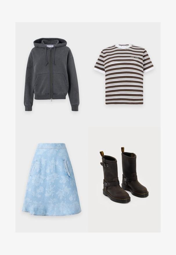 Kreslená šedá zipová mikina s kapucí, vyrobená z měkké látky, s šňůrkou na kapuci, předními kapsami a žebrovanými manžetami a lemem. Minimalistický design.; Hnědé a bílé pruhované tričko s krátkým rukávem, kulatým výstřihem a malým logem na prsou. Vyrobeno z měkké bavlněné látky.; Světle modrá košile na knoflíky s bílými svislými pruhy, dlouhými rukávy, límcem a zaobleným spodním okrajem. Vyrobena z hladké tkaniny s jemnou texturou.; Džínová sukně ve tvaru A v světle modré barvě s jemným květinovým vzorem, obsahující dvě boční kapsy a hladký, lemovaný zakončení.; Tmavě hnědé kožené boty se středně dlouhým designem, žlutým prošíváním, nastavovacími přezkami a poutky na vršku. Texturovaný povrch.