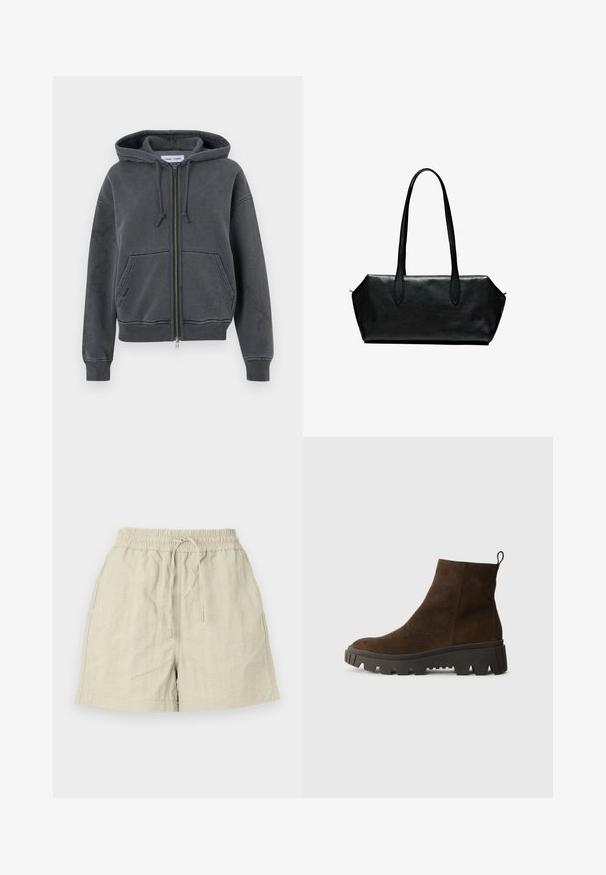 Kulgrå lynlås-hoodie lavet af blødt stof med snoretræk i huen, frontlommer samt ribkant ved ærmerne og nederkanten. Minimalistisk design.; Sennepsgul t-shirt med korte ærmer, løs pasform, rund hals og opsmøgede manchetter; lavet af blødt, struktureret bomuldsstof.; Lysbeige shorts lavet af struktureret stof med elastisk talje og snor, der har sidelommer og en afslappet pasform.; Brun ruskindsankelstøvle med en kraftig sort gummisål, der har en let hæl og en slip-in hækling for nem påklædning.; Sort læderhåndtaske med lange håndtag, rektangulær form, glat tekstur og skrå sider, der har et minimalistisk design uden synligt hardware.