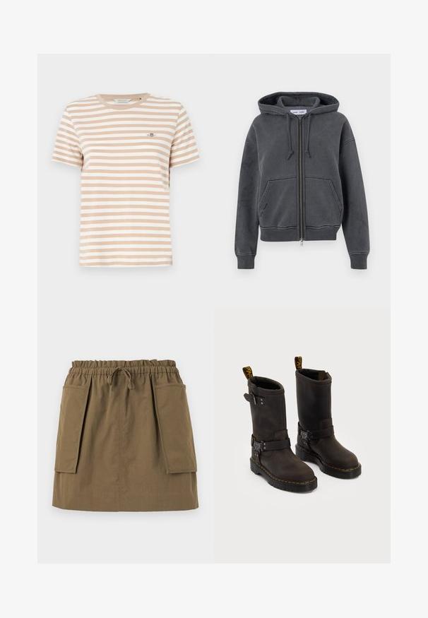 Charcoal gray zip-up hoodie, made of soft fabric with a drawstring hood, front pockets, and ribbed cuffs and hem. Minimalist design.; Beige and white striped T-shirt with a crew neckline, short sleeves, and a small logo on the left chest. Soft cotton material.; Light blue button-up shirt with white vertical stripes, long sleeves, a collar, and a rounded hem. Made of smooth fabric with a crisp texture.; Olive green, knee-length skirt with an elastic waistband, drawstring, and two large side pockets. Made from lightweight fabric with visible seams.; Dark brown leather boots with a mid-calf design, yellow stitching, adjustable buckle straps, and pull tabs on the top. Textured finish.