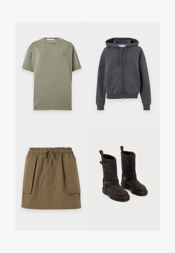 Kolgrå zip-up hoodie, tillverkad av mjukt tyg med dragsko-huva, framfickor och ribbade muddar och nederkant. Minimalistisk design.; Olivgrön bomulls t-shirt med rund hals, kort ärm och en enkel, odekorerad design. Mjuk textur och avslappnad passform.; Ljust blå skjorta med vit vertikal randning, långa ärmar, krage och rundad nederkant. Tillverkad av ett slätt tyg med en krispig struktur.; Olivgrön, knälång kjol med elastisk midja, dragsko och två stora sidofickor. Tillverkad av lätt tyget med synliga sömmar.; Mörkbruna läderstövlar med medellång design, gula sömmar, justerbara spännband och dragflikar upptill. Texturerad yta.