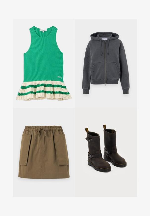 Ogļs foršs kapucis ar rāvējslēdzēju, izgatavots no mīksta auduma ar šņorēm, priekšējiem kabatām un ribotām aprocēm un apakšmalu. Minimalistisks dizains.; Zaļš ribots bezdelīgas topiņš ar izšūtu krēmkrāsas adītu apakšmalu, kurā ir zaļas svītras. Logo izšūts priekšpusē tuvu apakšmalai.; Gaišzilā pogu krekls ar baltām vertikālām svītrām, garām piedurknēm, apkakli un noapaļotu apakšmalu. Izgatavots no gludas auduma ar asu tekstūru.; Olīvu zaļš, līdz ceļgaliem garš svārki ar elastīgu jostu, saites mehānismu un divām lielām sānu kabatām. Izgatavoti no viegla auduma ar redzamām šuvēm.; Tumši brūni ādas zābaki ar vidukļa dizainu, dzelteni izšuvumi, regulējamas sprādzes un cilpas augšpusē. Strukturēta apdare.