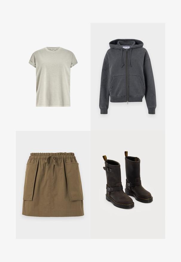 Škornje sive zip-up dukserice, izdelane iz mehke tkanine z vrvico na kapuci, sprednjimi žepi ter rebrastimi manšetami in robom. Minimalističen dizajn.; Svetlo siva majica s kratkimi rokavi, izdelana iz mehkega blaga, z okroglim ovratnikom in zvitimi rokavi ter sproščenim krojem.; Svetlo modra srajca z dugimi rokavi, belimi navpičnimi črtami, ovratnikom in zaobljenim robom. Narejena iz gladkega blaga s svežim otipom.; Olive zeleno krilo do kolen z elastičnim pasom, vrvico in dvema velikima stranskima žepoma. Narejeno iz lahkega blaga z vidnimi šivi.; Temno rjave usnjene čevlje s srednje dolgim dizajnom, rumenimi šivi, nastavljivimi sponkami in zanka za vlečenje na vrhu. Tekstura na površini.