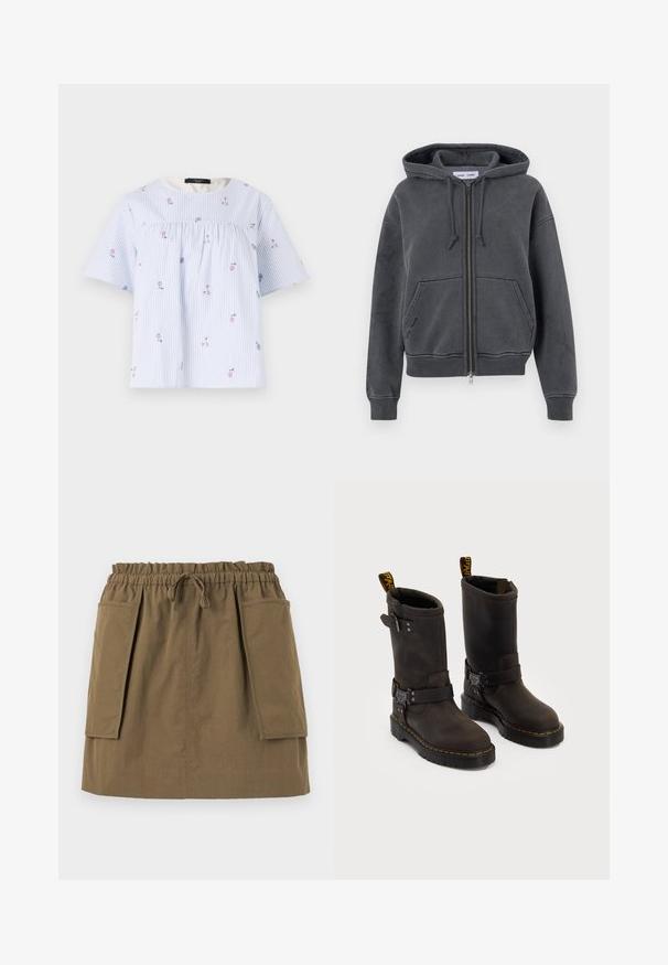 Charcoal gray zip-up hoodie, made of soft fabric with a drawstring hood, front pockets, and ribbed cuffs and hem. Minimalist design.; Blue and white striped short-sleeve blouse with floral embroidery, round neckline, and gathered detail along the front. Soft cotton material.; Olive green, knee-length skirt with an elastic waistband, drawstring, and two large side pockets. Made from lightweight fabric with visible seams.; Dark brown leather boots with a mid-calf design, yellow stitching, adjustable buckle straps, and pull tabs on the top. Textured finish.