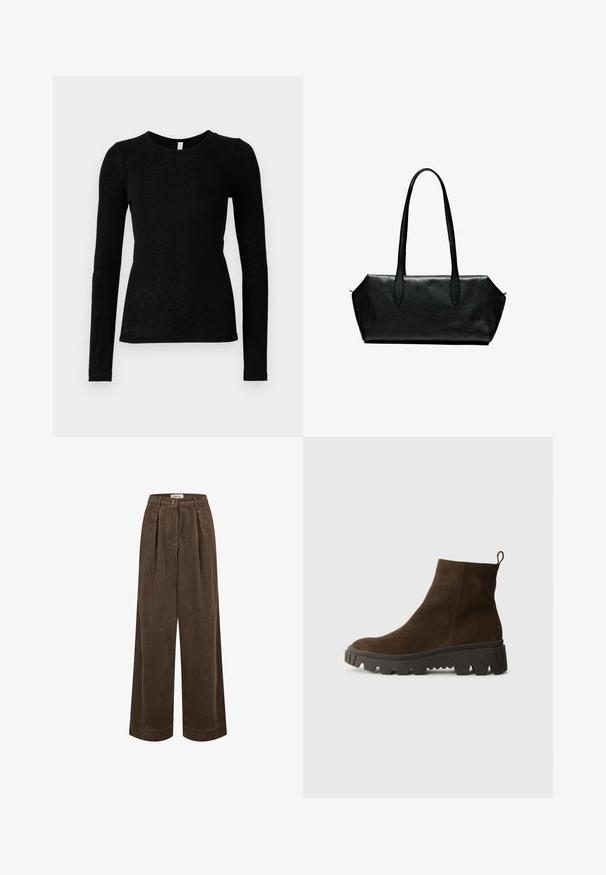 Kapuzenpullover in Anthrazit mit Reißverschluss, aus weichem Stoff gefertigt, mit einer Kordelzug-Haube, Fronttaschen sowie gerippten Bündchen und Saum. Minimalistisches Design.; Samsøe Samsøe DOU - Langarmshirt - black; Braune Corduroy-Hosen mit weitem Bein verfügen über eine hohe Taille, vordere Falten und einen einzelnen Knopfverschluss. Glatte Textur mit dezenten Rillen.; Braune Wildleder-Ankle-Boots mit einer stabilen schwarzen Gummisohle, leichtem Absatz und einer Schlaufe auf der Rückseite für einfaches Anziehen.; Schwarze Ledertasche mit langen Griffen, rechteckiger Form, glatter Oberfläche und schrägen Seiten, mit minimalistischer Gestaltung und ohne sichtbare Beschläge.