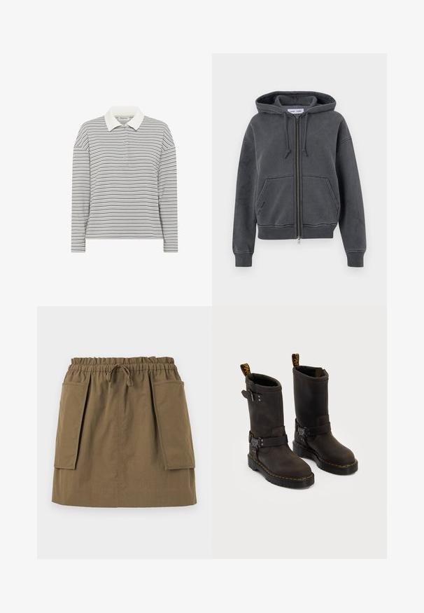 Charcoal gray zip-up hoodie, made of soft fabric with a drawstring hood, front pockets, and ribbed cuffs and hem. Minimalist design.; My Essential Wardrobe KLARA - Polo shirt - peal blue striped; Light blue button-up shirt with white vertical stripes, long sleeves, a collar, and a rounded hem. Made of smooth fabric with a crisp texture.; Olive green, knee-length skirt with an elastic waistband, drawstring, and two large side pockets. Made from lightweight fabric with visible seams.; Dark brown leather boots with a mid-calf design, yellow stitching, adjustable buckle straps, and pull tabs on the top. Textured finish.