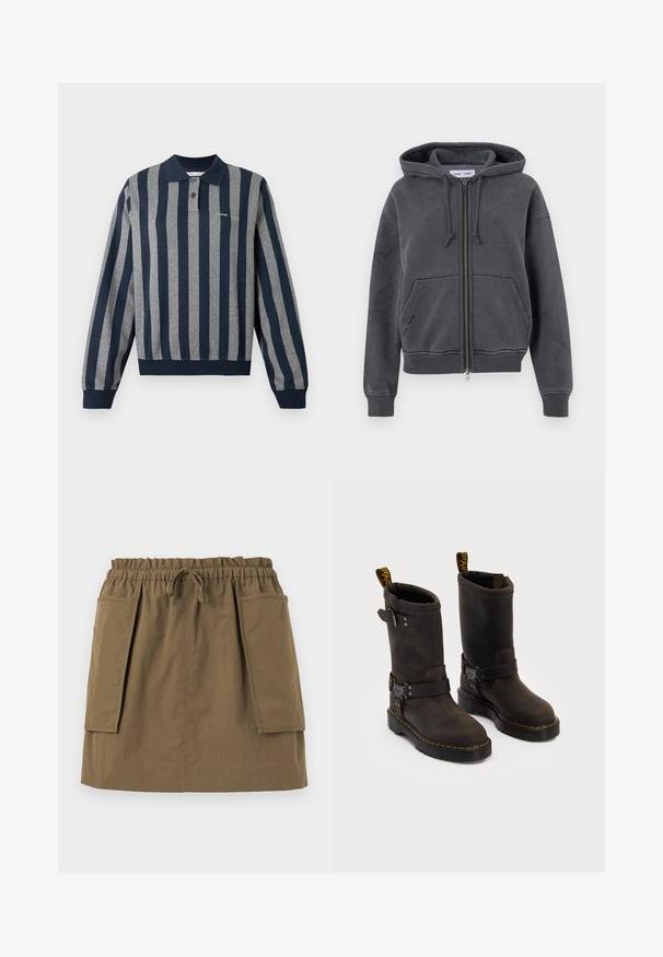 Kullfarget grå zip-up hettegenser laget av mykt stoff, med snor i hetten, frontlommer og ribbestrikkede mansjetter og nederkant. Minimalistisk design.; Langermet polo-skjorte med marineblå og grå vertikale striper, med krage, knappestolpe og ribbet kant og mansjetter.; Olivengrønn, knelang skjørt med elastisk midje, snøring og to store sidelommer. Laget av lett stoff med synlige sømmer.; Mørkebrune lærstøvler med design til midtleggen, gule sømmer, justerbare spenner og bånd for å dra opp på toppen. Strukturt overflate.