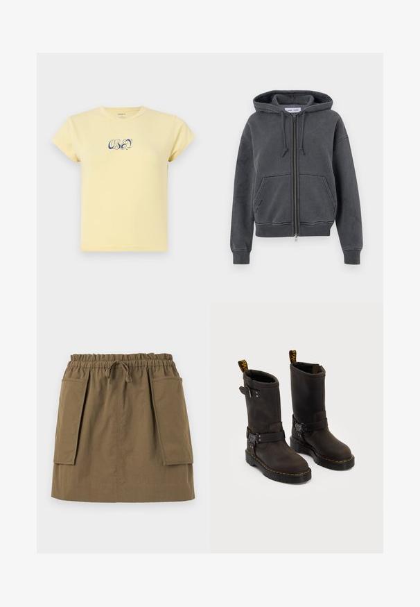 Sötét szürke zipzáras kapucnis pulóver, puha anyagból készült, húzózsinórral, elülső zsebekkel, bordás mandzsettákkal és aljjal. Minimalista dizájn.; Sárga pamut póló kerek nyakkivágással és rövid ujjakkal, az elején dekoratív betűtípussal készült kék "OBEY" szöveges logóval.; Oliva zöld, térd fölé érő szoknya rugalmas derékkal, zsinórral és két nagy oldalsó zsebbel. Könnyű anyagból készült, látható varrásokkal.; Sötétbarna bőr csizmák középig érő dizájnnal, sárga varrással, állítható csatpántokkal és húzófülekkel a tetején. Texturált felület.