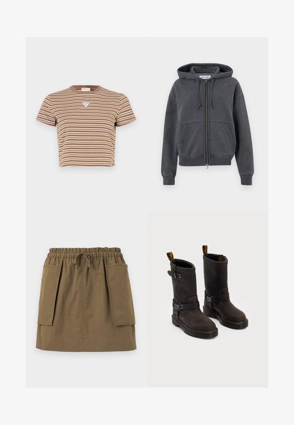 Felpa con zip grigia carbone, realizzata in morbido tessuto con cappuccio regolabile, tasche frontali e polsini e fondo a costine. Design minimalista.; T-shirt corta a righe marroni e bianche con maniche corte e scollatura rotonda, dotata di un piccolo logo triangolare sul davanti.; Camicia azzurro chiaro con righe verticali bianche, maniche lunghe, colletto e orlo arrotondato. Realizzata in tessuto morbido con una trama fresca.; Gonna verde oliva, lunga fino al ginocchio, con una vita elastica, cordoncino e due grandi tasche laterali. Realizzata in tessuto leggero con cuciture visibili.; Stivali in pelle marrone scuro con design a metà polpaccio, cuciture gialle, cinturini con fibbia regolabile e maniglie nella parte superiore. Finitura texture.