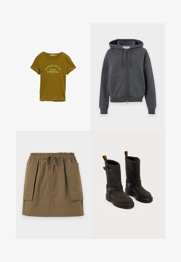 Škornje sive zip-up dukserice, izdelane iz mehke tkanine z vrvico na kapuci, sprednjimi žepi ter rebrastimi manšetami in robom. Minimalističen dizajn.; Olivno zelena bombažna majica s kratkimi rokavi in krožnim izrezom. Ima natisnjen tekst: "NIČ TAKEGA KOT TA ČUDOVIT POLETNI DAN."; Svetlo modra srajca z dugimi rokavi, belimi navpičnimi črtami, ovratnikom in zaobljenim robom. Narejena iz gladkega blaga s svežim otipom.; Olive zeleno krilo do kolen z elastičnim pasom, vrvico in dvema velikima stranskima žepoma. Narejeno iz lahkega blaga z vidnimi šivi.; Temno rjave usnjene čevlje s srednje dolgim dizajnom, rumenimi šivi, nastavljivimi sponkami in zanka za vlečenje na vrhu. Tekstura na površini.