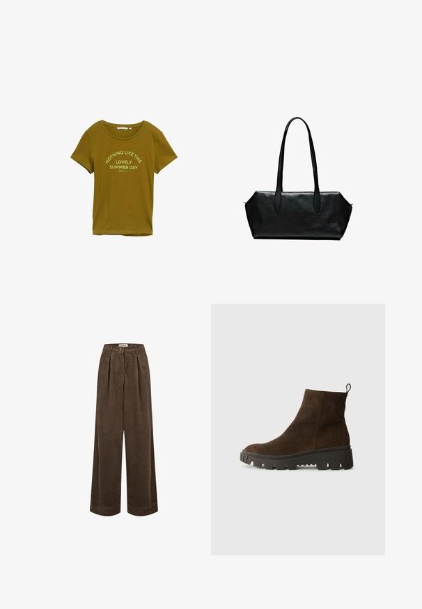 Kulgrå lynlås-hoodie lavet af blødt stof med snoretræk i huen, frontlommer samt ribkant ved ærmerne og nederkanten. Minimalistisk design.; Oliven grøn bomulds T-shirt med rund halsudskæring og korte ærmer. Har trykt tekst: "INGEN SOM DENNE DEJLIGE SOMMERDAG."; Brune ribbede vide bukser har en høj talje, frontfolder og en enkelt knaplukning. Glat tekstur med subtile riller gennem hele stoffet.; Brun ruskindsankelstøvle med en kraftig sort gummisål, der har en let hæl og en slip-in hækling for nem påklædning.; Sort læderhåndtaske med lange håndtag, rektangulær form, glat tekstur og skrå sider, der har et minimalistisk design uden synligt hardware.