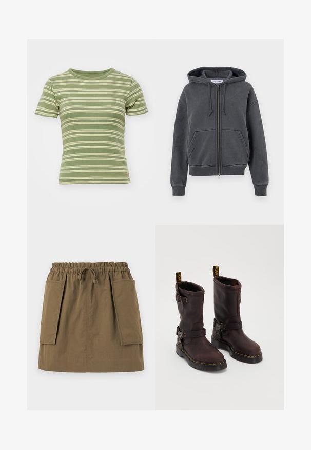 Ogļs foršs kapucis ar rāvējslēdzēju, izgatavots no mīksta auduma ar šņorēm, priekšējiem kabatām un ribotām aprocēm un apakšmalu. Minimalistisks dizains.; BDG Urban Outfitters STRIPE BABY - Apdrukāts T-krekls - green; Gaišzilā pogu krekls ar baltām vertikālām svītrām, garām piedurknēm, apkakli un noapaļotu apakšmalu. Izgatavots no gludas auduma ar asu tekstūru.; Olīvu zaļš, līdz ceļgaliem garš svārki ar elastīgu jostu, saites mehānismu un divām lielām sānu kabatām. Izgatavoti no viegla auduma ar redzamām šuvēm.; Brūni ādas zābaki ar vidēja teļa dizainu, aprīkoti ar siksnu un sprādzi, biezu melnu zoli un dzeltenām šuvēm.