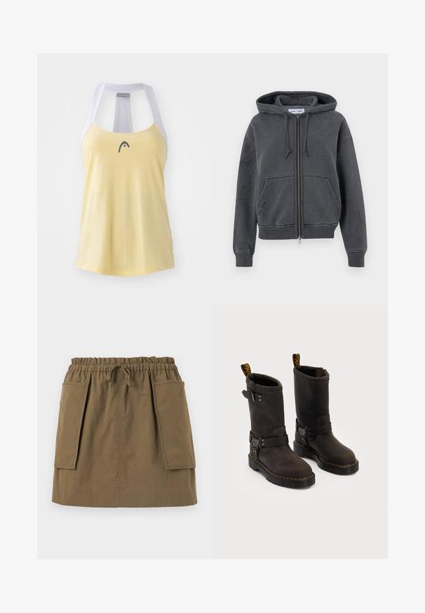 Škornje sive zip-up dukserice, izdelane iz mehke tkanine z vrvico na kapuci, sprednjimi žepi ter rebrastimi manšetami in robom. Minimalističen dizajn.; Rumena športna majica brez rokavov z svetlo sivo mrežasto hrbtno stranjo in majhnim temnim logotipom na prsih. Gladka tekstura in sproščen model.; Olive zeleno krilo do kolen z elastičnim pasom, vrvico in dvema velikima stranskima žepoma. Narejeno iz lahkega blaga z vidnimi šivi.; Temno rjave usnjene čevlje s srednje dolgim dizajnom, rumenimi šivi, nastavljivimi sponkami in zanka za vlečenje na vrhu. Tekstura na površini.