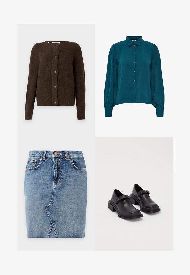 Rudas megztinis, pagamintas iš minkštos medžiagos, su apvaliu iškirpimu, priekiniais mygtukais ir ilgomis rankovėmis. Textūruotas paviršius visame megztinyje.; Mėlyna bluzonė su apykakle, mygtukų priekyje ir ilgomis rankovėmis. Pagaminta iš tekstūruotos medžiagos su surinktomis rankovėmis.; Vidutinio mėlynumo džinsinė sijonas, pasižymintis prigludusia forma, priekinėmis kišenėmis ir diagonalių siūlės detale. Standartinė juosmens juosta su metaliniu mygtuko užsegimu.; Juodos odinės bateliai su apvaliu priekiu, plokščiu padu ir dirželiu su sagtimi. Didelis blokinis kulnas, užtikrinantis papildomą stabilumą.