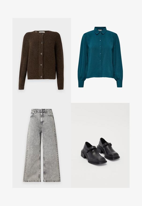Brūns adīts džemperis, kas izgatavots no mīksta materiāla, ar apaļu kakla izgriezumu, priekšējiem pogām un garām piedurknēm. Ar teksturētu apdari visā virsmā.; Teal krāsu blūze ar apkakles izgriezumu, pogu priekšpusi un garām piedurknēm. Izgatavota no teksturēta auduma ar savelktām piedurkņu galotnēm.; Platas kājas džinsi izbalējušā melnā džinsā, ar augstu jostasvietu, klasisku piecu kabatu dizainu un redzamām šuvēm.; Melnas ādas kurpes ar noapaļotu purngalu, plakanu zoli un siksniņu ar sprādzi. Masīvs bloku papēdis papildu stabilitātei.